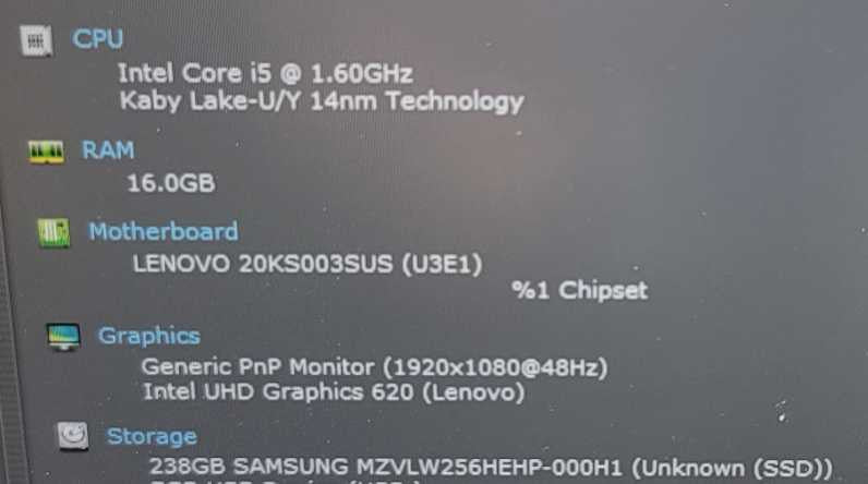 Lenovo ThinkPad E580 Laptop, i5 8250U, 16GB RAM, 256GB SSD, FHD =