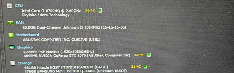 Asus Strix GL502VS i7-6700HQ 32GB RAM 1TB HDD 500GB SSD GTX 1070 **READ** )