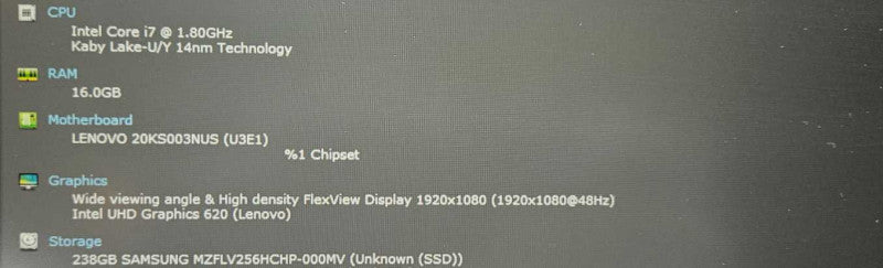 Lenovo ThinkPad E580 i7-8550U @ 1.80GHz 16GB RAM 250GB SSD )