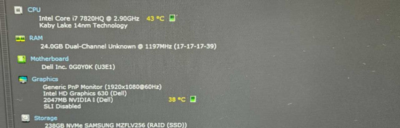 Dell Precision 3520 i7-7820HQ @ 2.90GHz 24GB RAM 250GB SSD )