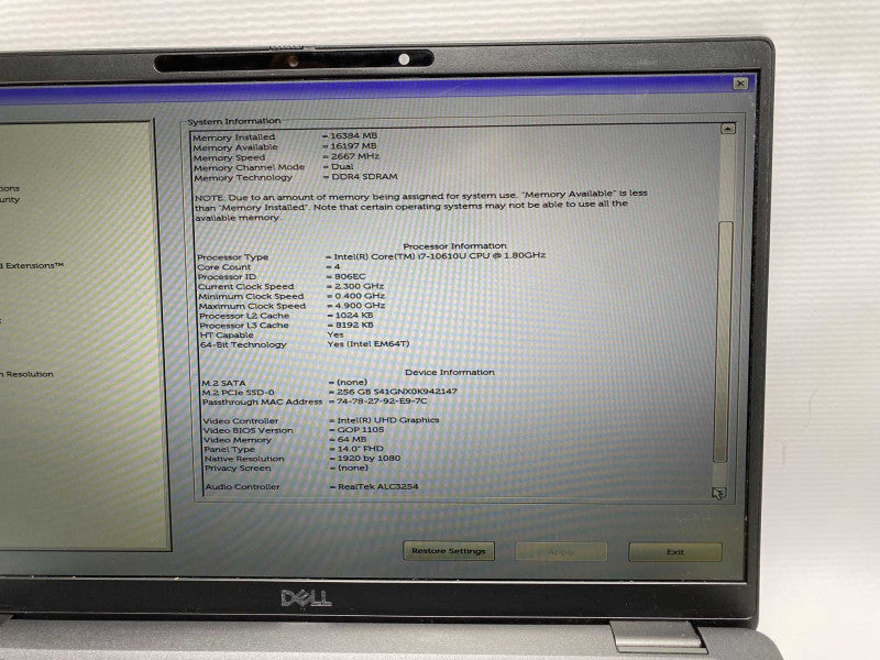DELL latitude 7410 with i7-10610U CPU 16GB RAM & 256GB SSD Storage  -