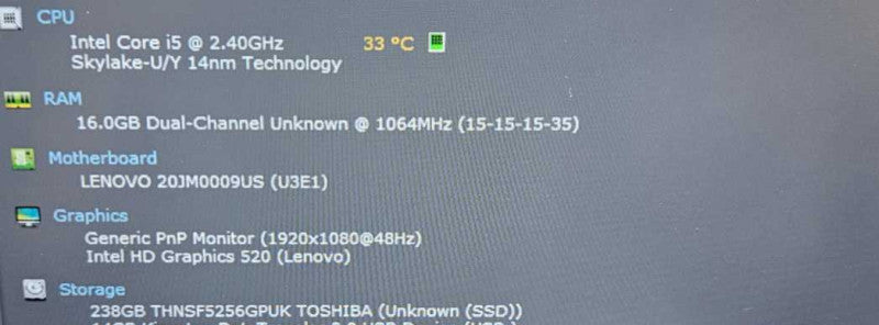 Lenovo Thinkpad T470 i5-6300U 16GB RAM 250GB SSD *READ* )