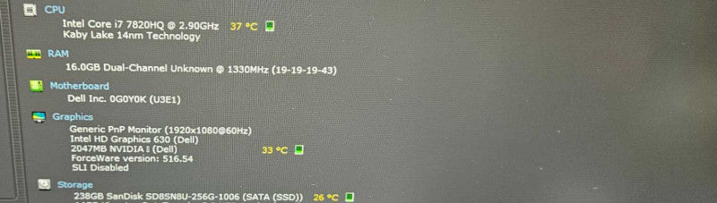 Dell Precision 3520 i7-7820HQ 16GB RAM 250GB SSD Quadro M620 GPU )