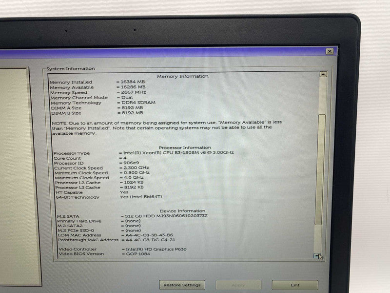 DELL Precision 3520 with Intel XEON E3-1505M v6 CPU 16GB RAM & 512GB SSD READ -