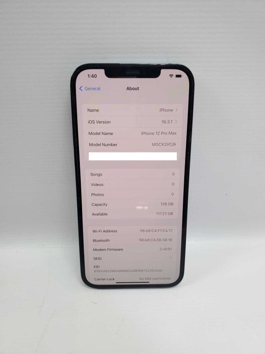 Apple Iphone 12 Pro Max 128GB MGCX3VC/A, Mint Condition, Blue ~