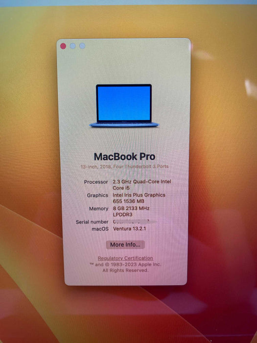 2018 MacBook Pro 13-inch with i5 CPU 8GB RAM & 250GB Storage READ  -
