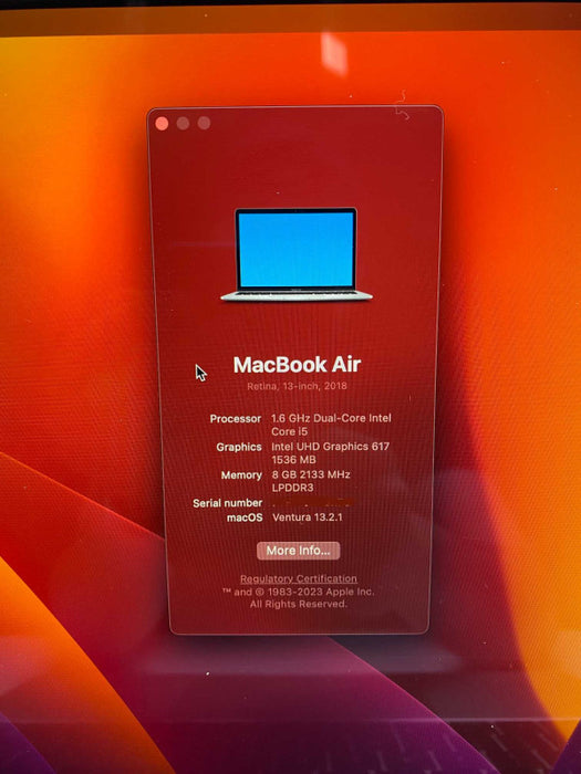 2018 MacBook Air Retina 13-inch with intel i5 CPU 8GB RAM & 128GB Storage  -