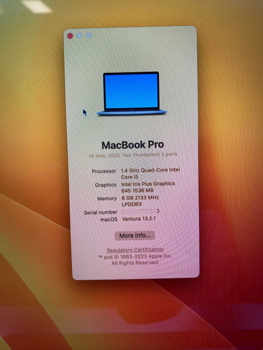 2020 MacBook Pro 13-inch TouchBar 2X Thunderbolt with i5 CPU 8GB RAM & 500GB  -