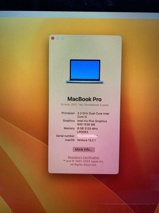 2017 13-inch MacBook Pro with i5 CPU 7GB RAM & 120GB Storage  -