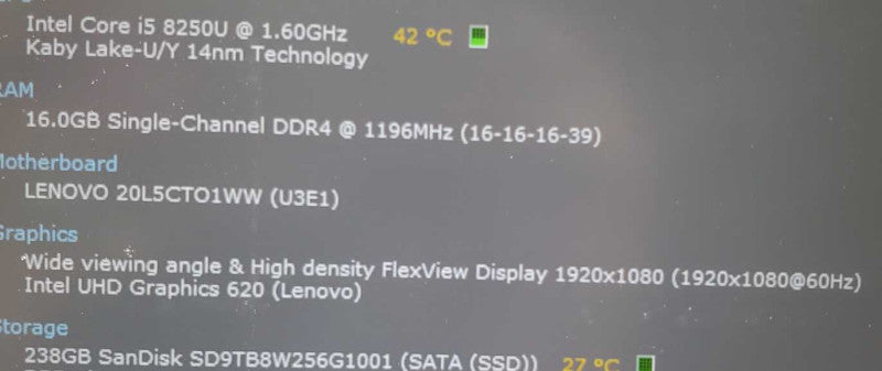 Lenovo Thinkpad T480 14\\" i5-8250U 16GB RAM 250GB SSD, NO AC ~