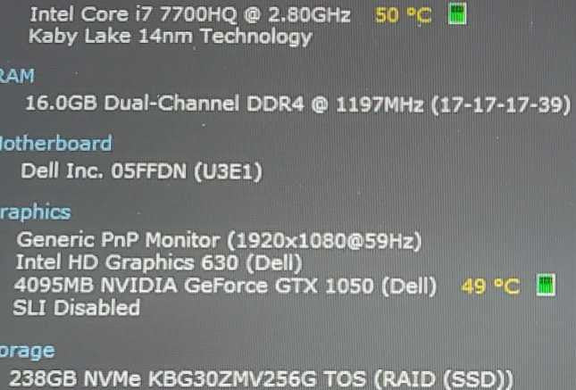 Dell XPS 15 9550 15\\" i7-7700HQ 2.80GHz/16GB 250GB SSD, GTX1050, NO BATTERY/AC ~