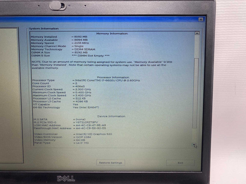 DELL Latitude 7480 with i7-6600U CPU 8GB RAM & 256GB SSD Storage  -