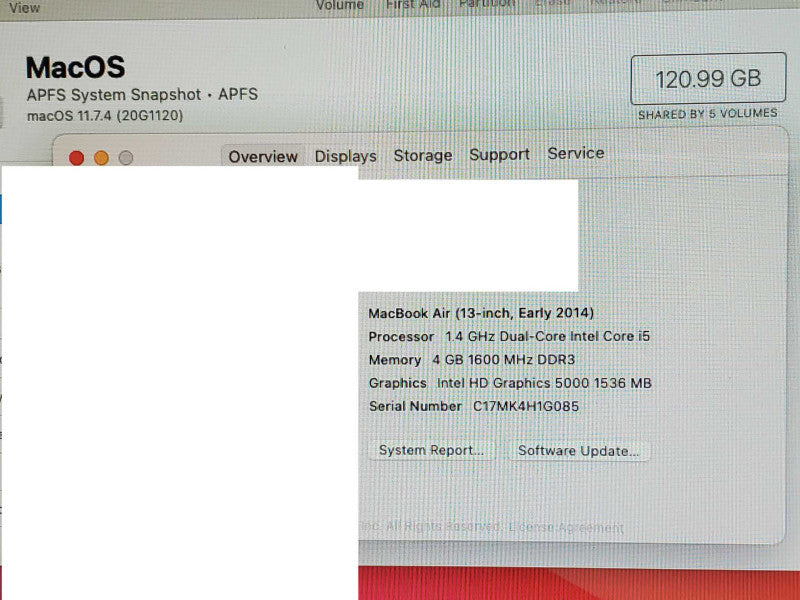 MacBook Air 13.3\\" - E.2014 I5-4260U 1.4GHz/4GB, Intel HD5000 128GB SSD, NO AC Q~