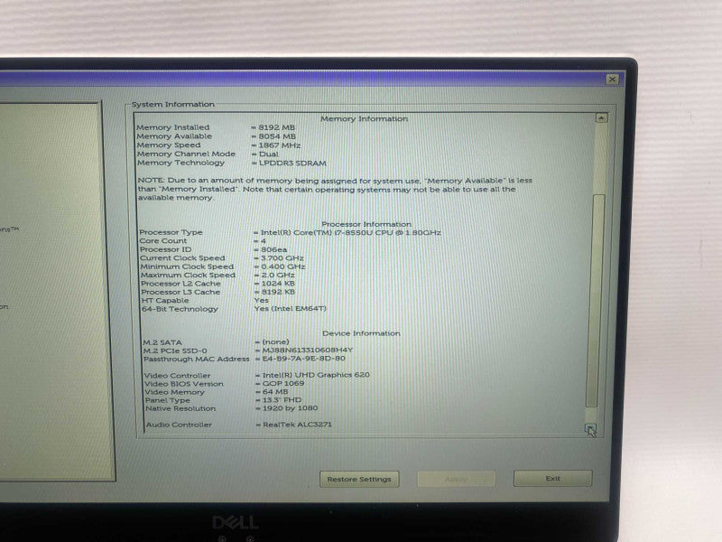 DELL XPS 13 9370 with i7-8550U CPU 8GB RAM & 256GB NVMe Storage  -