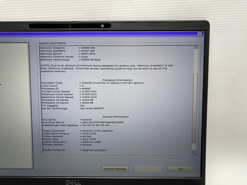 DELL Latitude 7410 with i7-10610U CPU 16GB RAM & 256GB NVMe Storage  Q-
