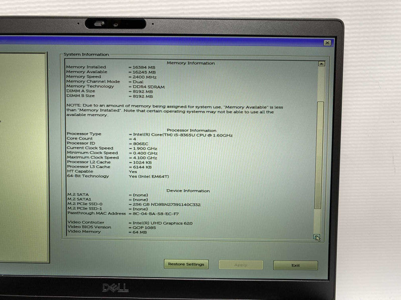DELL Latitude 7300 with i5-8365U CPU 16GB RAM & 256GB SSD Storage  Q-