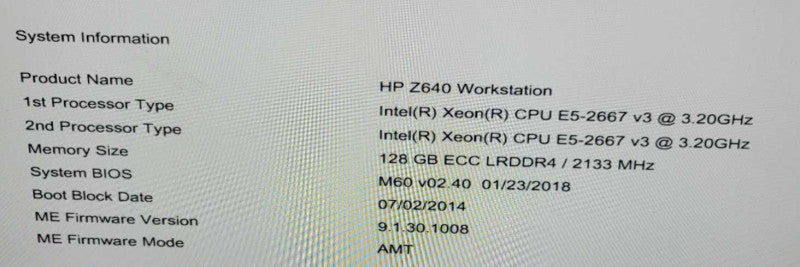 HP Z640 Workstation: 2x E5-2667 v3 3.20GHz, 128GB ECC LRDDR4, Quadro K420 =