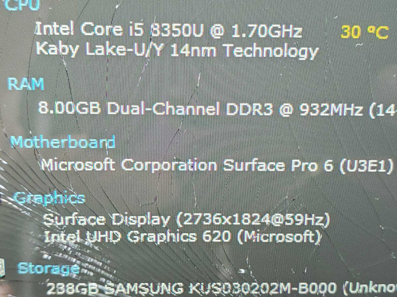 Microsoft Surface Pro 6 (1796) Black i5-8350U 8GB RAM 256GB Storage (READ) |
