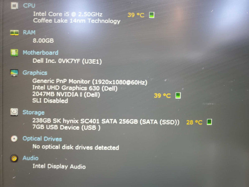 Dell Latitude 5491 Core i5-8400H @ 2.5GHz 8GB DDR4 250GB SSD Nvidia MX130 2GB (
