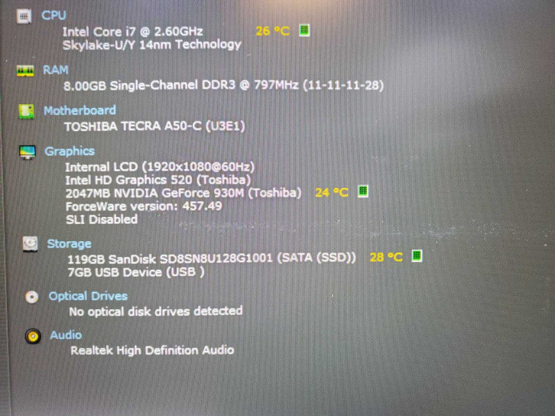 Toshiba Tecra A50-C Core i7-6600U @ 2.6GHz 8GB DDR3 120GB SSD Nvidia 930M 2GB (