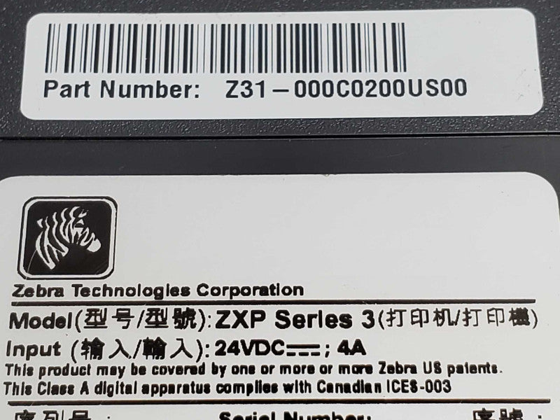 Zebra ZXP Series 3 Double-sided ID Card Printer Ethernet USB, NO AC Adapter ~