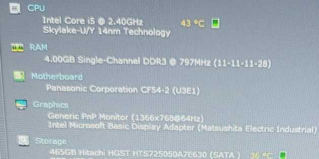 Panasonic Toughbook CF-54 MK2 i5-6300U 4GB 500GB HDD =
