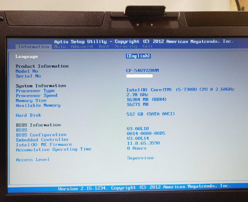 Panasonic Toughbook CF-54 MK3 i5-7300U 2.60GHz 512GB SSD 16GB 0 Hours of use =