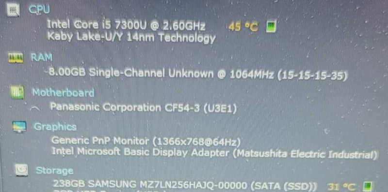 Panasonic Toughbook CF-54 MK3 i5-7300U 2.60GHz 256GB SSD 8GB 30 Hours of use =