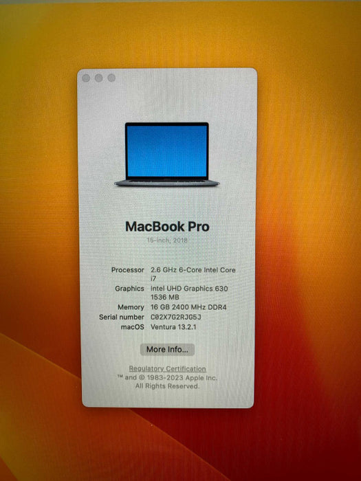 MacBook Pro 2018 15-inch with i7 CPU 16GB RAM & 500GB Storage  -