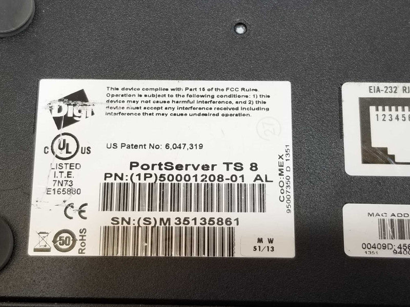 Digi PortServer TS 8 8-Port Ethernet Data Networking Terminal Server 50001208 _