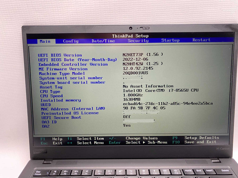 Lenovo ThinkPad X1 Carbon 7th gen with i7-8565U CPU 16GB RAM & 256GB SSD  -