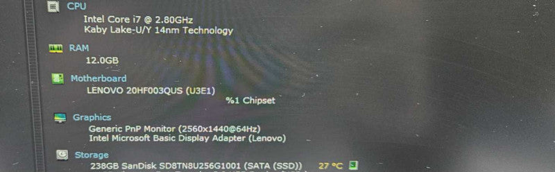 Lenovo Thinkpad T470S i7 7600U @ 2.80GHz 12 GB RAM 250GB SSD )