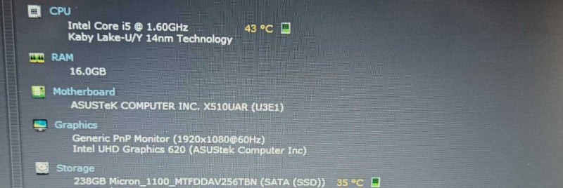 ASUS VIVOBOOK 15.6\\" FHD i5-8250U 1.60GHz 16 GB RAM 256GB SSD )