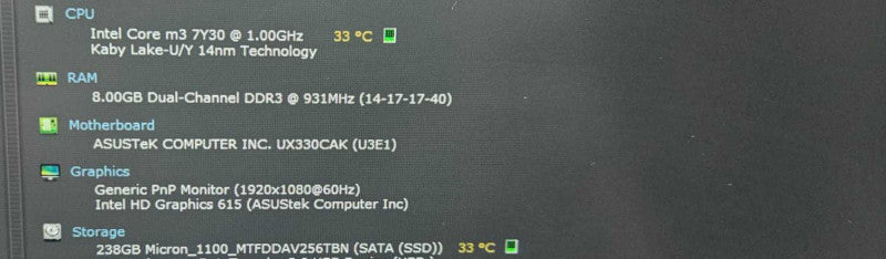 Asus ZenBook UX330C Intel m3 7Y30 @ 1.00GHz 8 GB RAM )