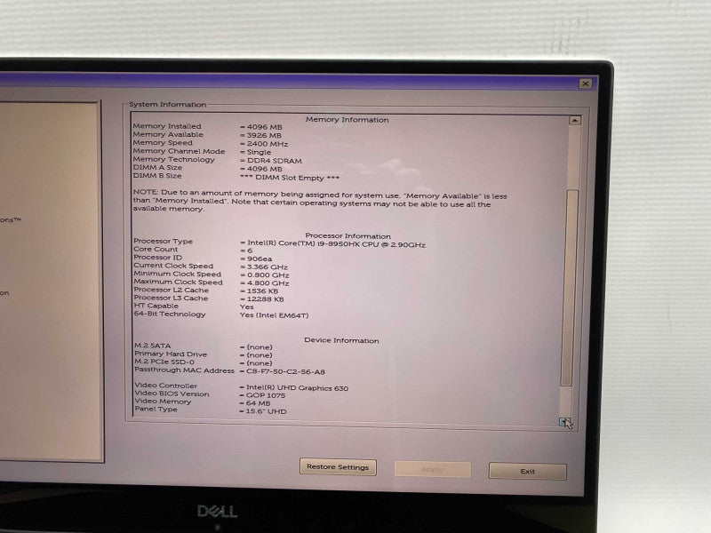 DELL XPS 15 9570 with i9-8950HQ CPU 4GB RAM NO Storage 4K TouchScreen READ  -