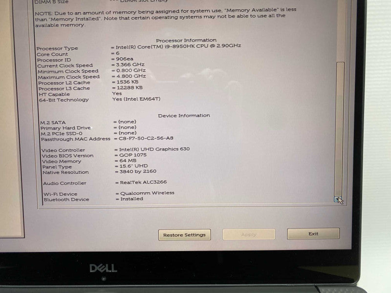 DELL XPS 15 9570 with i9-8950HQ CPU 4GB RAM NO Storage 4K TouchScreen READ  -
