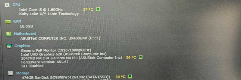 Asus ZenBook UX430U i5-8250U @ 1.60GHz 16 GB RAM 500GB SSD MX150 GPU )