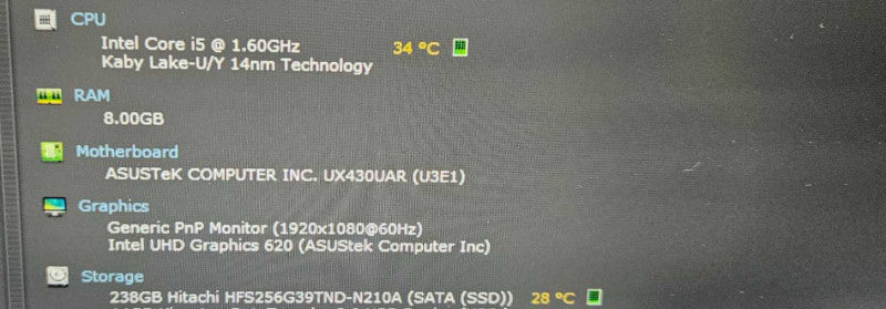 Asus ZenBook UX430U i5-8250U @ 1.60GHz 8 GB RAM 250GB SSD )