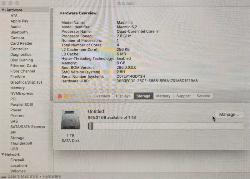 Apple Mac Mini  A1347 \\"Core i7\\" 2.6 (Late 2012) Quad Core 8 GB RAM 1TB HDD )