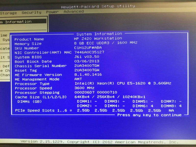 HP Z420 Workstation, Intel E5-1620 3.6GHz, 8GB Ram, No HDD, No GPU _