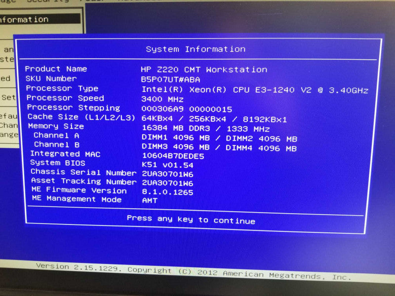 HP Z220 Workstation, Intel Xeon E3-1240 V2 3.4GHz, 16GB, No HDD, Quadro 2000 Q_