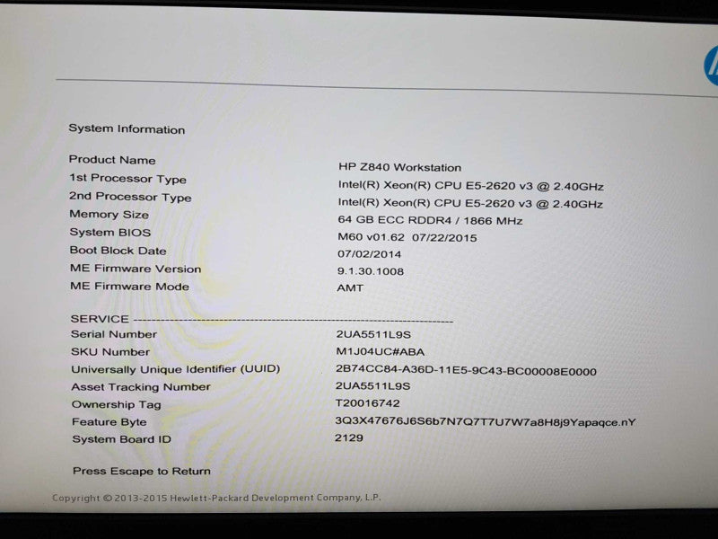 HP Z840 2x Xeon E5-2620 V3 @ 2.40ghz / 64gb ram ddr4 / nVidia quadro K2200 #
