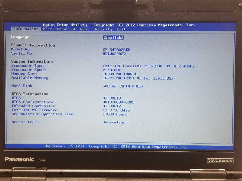 Panasonic ToughBook CF-54 Core i5-6300U 2.4GHz 16GB 500GB HDD 17600 Hrs, SEE _
