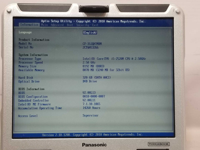 Panasonic Toughbook CF-51, Core i5-2520M 2.5GHz, 8GB, 320GB HDD, 14260 Hrs _