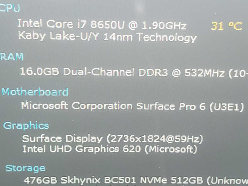 Microsoft Surface Pro 6 (1796) i7-8650U 16GB RAM 512GB Storage |