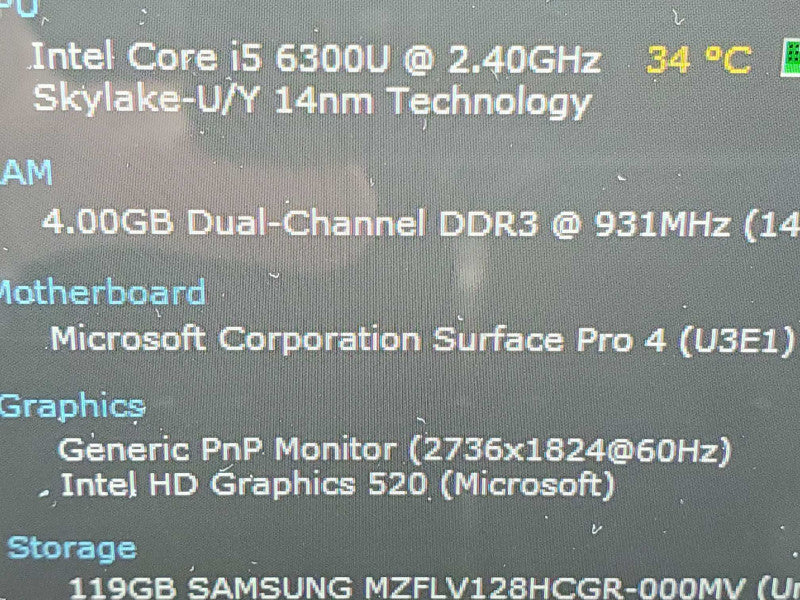 Microsoft Surface Pro 4 (1724) i5-6300U 4GB RAMN 128GB Storage Q|