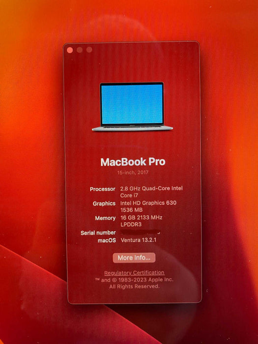 MacBook Pro 15-inch TouchBar 2017 with i7 CPU 16GB RAM & 250GB Storage READ -