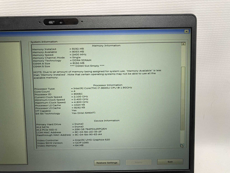 DELL latitude 5400 with i7-8665U CPU 8GB RAM & 256GB SSD Storage -