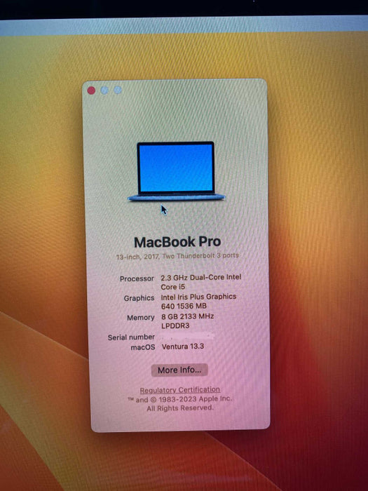 MacBook Pro 13-inch 2017 i5-7360U CPU 8GB RAM & 120GB SSD Storage  -