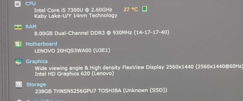 Lenovo ThinkPad X1 Carbon 14\\" i5-7300U 2.6GHz/8GB DDR3, 240GB SSD, NO AC  ~